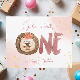 Watercolor hedgehog 1th Happy Birthday Card