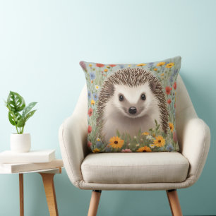 Watercolor Hedgehog and Colourful Wildflowers Cushion