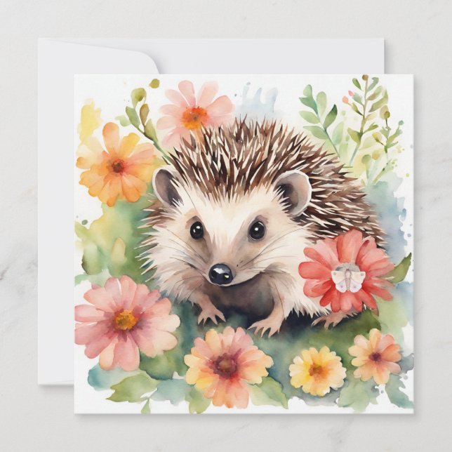 Watercolor Hedgehog and Flowers  Card (Front)