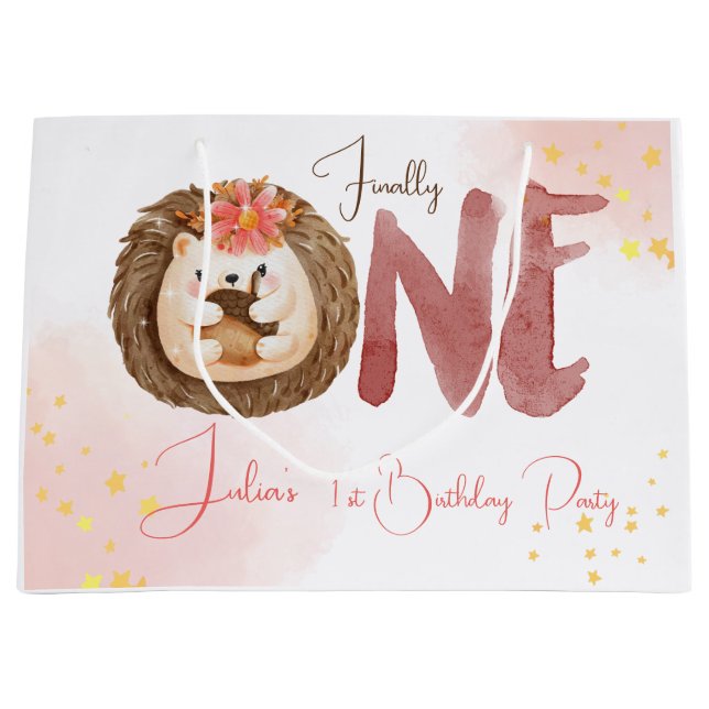 Watercolor hedgehog forest first Birthday Large Gift Bag (Front)