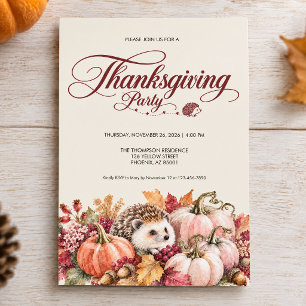 Watercolor Hedgehog Pumpkin Thanksgiving Party Invitation