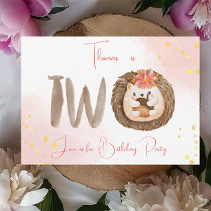 Watercolor hedgehog second 2nd Birthday Invitation