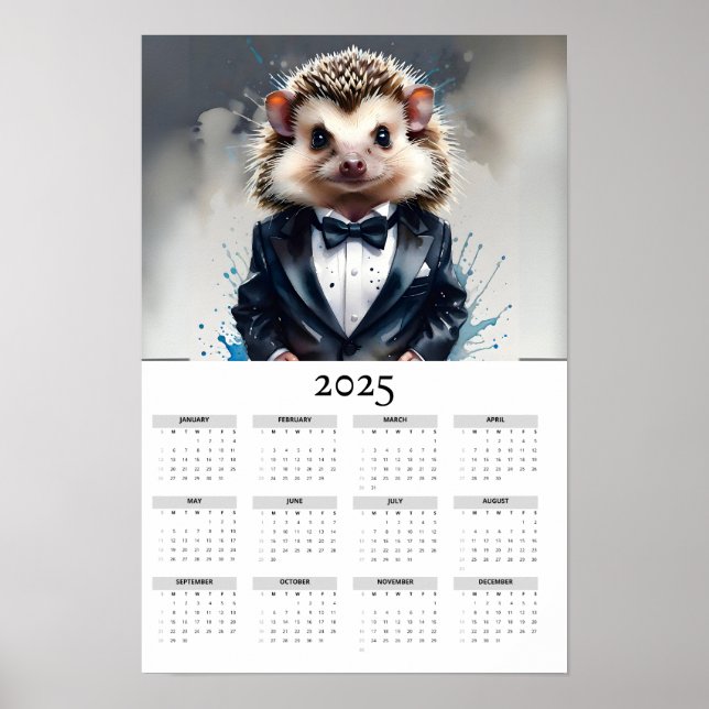 Watercolor Hedgehog Wearing Tux 2025 Wall Calendar Poster (Front)