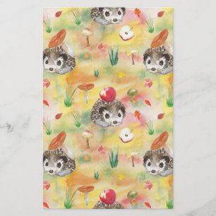 Watercolor hedgehog with mushrooms and apple stationery
