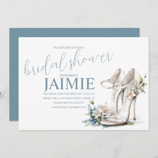 Watercolor Heel Floral Bridal Shower Dusty Blue Invitation (Front/Back)
