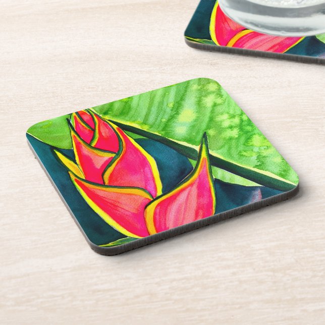 Watercolor heliconia tropical flower coaster (Left Side)