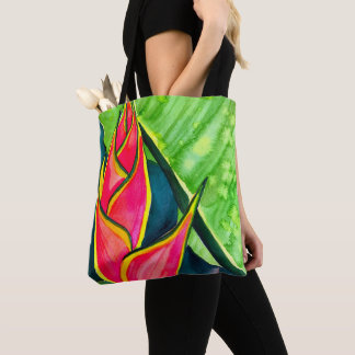 Watercolor heliconia tropical flower tote bag