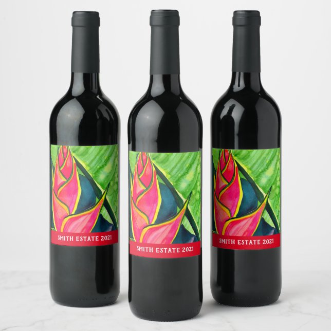 Watercolor heliconia tropical flower wine label (Bottles)
