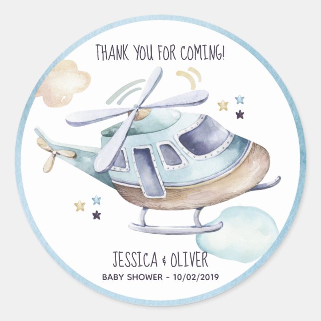 Watercolor Helicopter Party Blue Classic Round Sticker (Front)