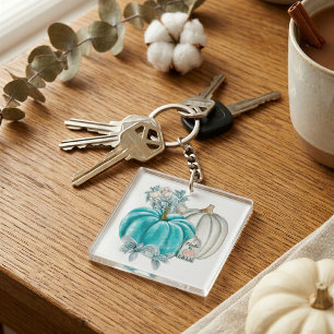 Watercolor Hello Fall Blue Autumn Pumpkin Key Ring