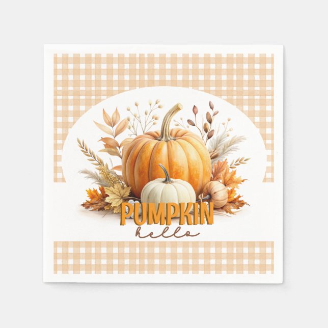 Watercolor Hello Pumpkin, Happy Fall Y'all, Autumn Napkin (Front)