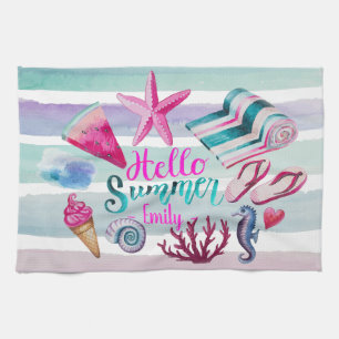 Watercolor Hello Summer Monogram Beach Stripes Tea Towel