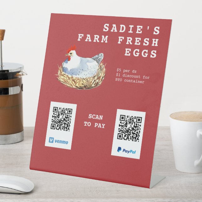 Watercolor Hen Fresh Eggs QR Code Payment Pedestal Sign (In SItu)