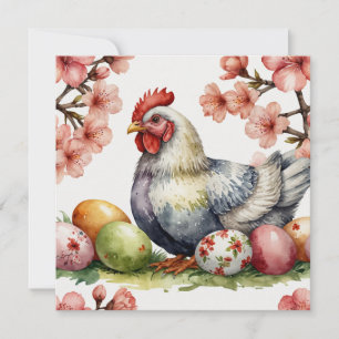 Watercolor Hen with Easter Eggs, Cherry Blossom  Holiday Card