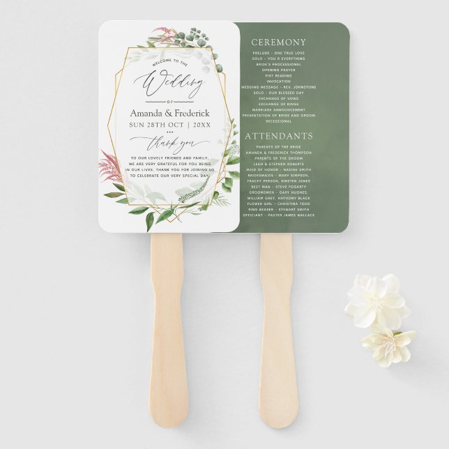 Watercolor Herbarium Geometric Wedding Program Hand Fan (Front and Back)