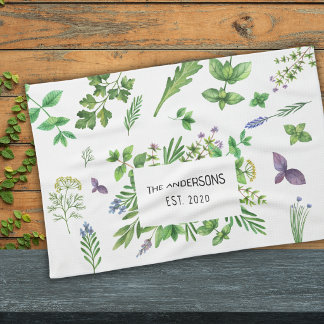 Watercolor Herbs Spices Custom Family Name Tea Towel