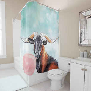 Watercolor Herd Sire Goat Blows Bubblegum Bubble Shower Curtain