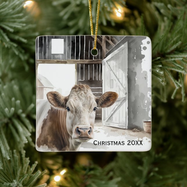 Watercolor Hereford Cow In Barn Ceramic Ornament (Tree)