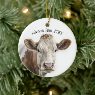 Watercolor Hereford Cow On White With Text Ceramic Tree Decoration