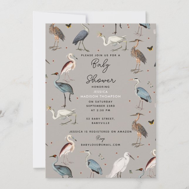 Watercolor Heron Bird Egret Nature Baby Shower Invitation (Front)