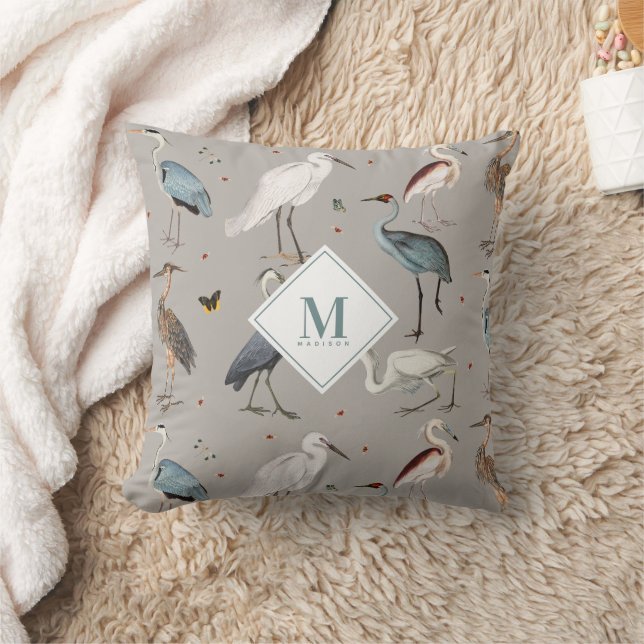 Watercolor Heron Bird Egret Nature Monogrammed Cushion (Blanket)