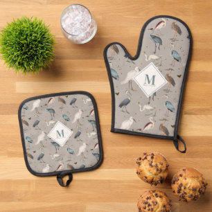 Watercolor Heron Bird Egret Nature Monogrammed Oven Mitt & Pot Holder Set