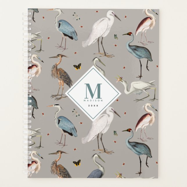 Watercolor Heron Bird Egret Nature Monogrammed Planner (Front)
