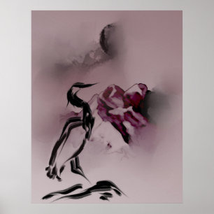 Watercolor Heron Bird Mountains painting Landscape Poster