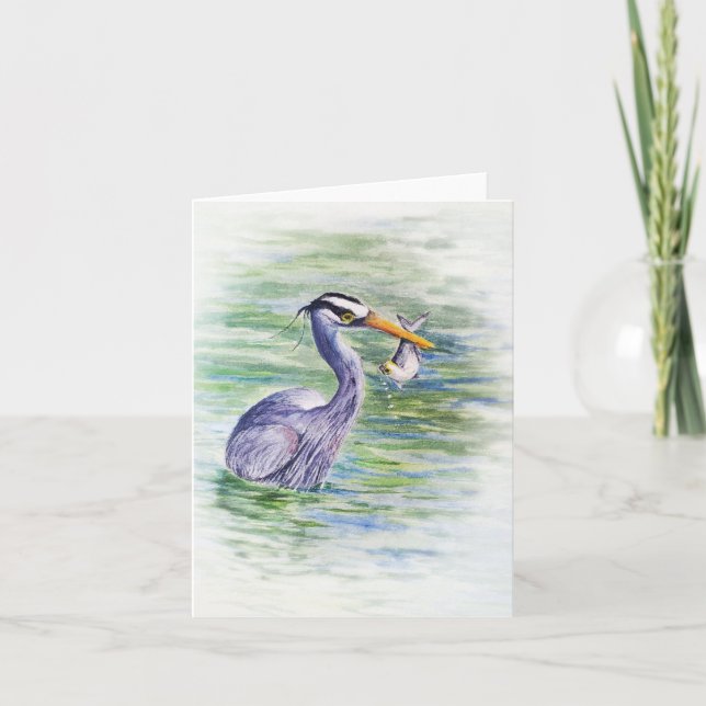 Watercolor Heron Fishing  Note Card (Front)