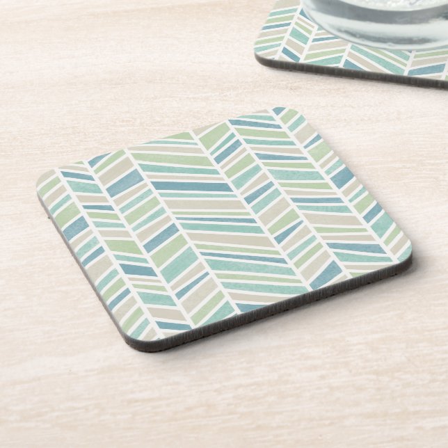 Watercolor Herringbone, Blue, Mint, Beige Coaster (Left Side)