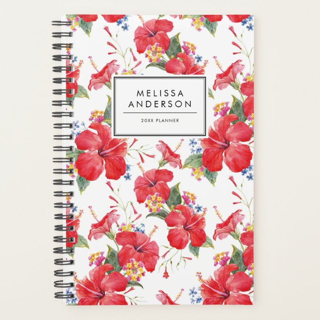 Watercolor Hibiscus and Lantana Pattern Custom Planner (Front)