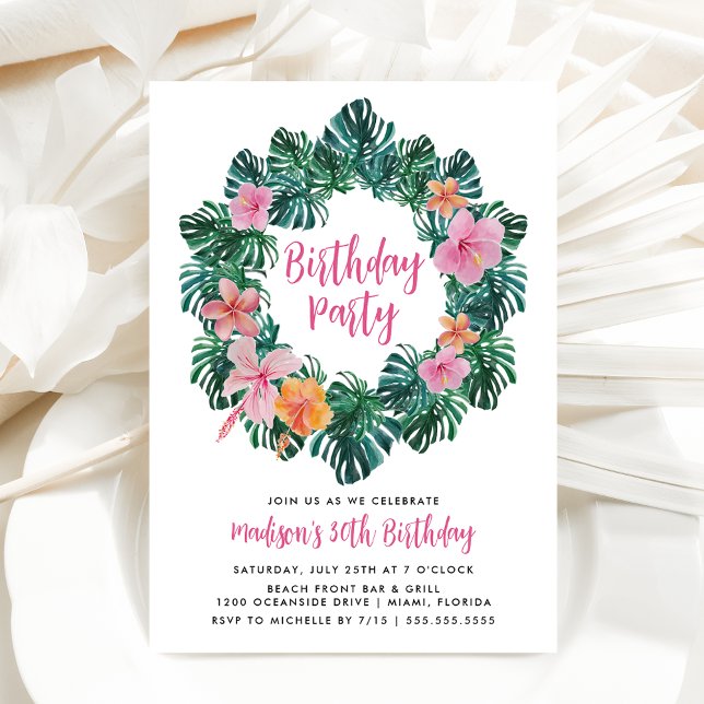 Watercolor Hibiscus and Tropical Leaves Birthday Invitation (Creator Uploaded)