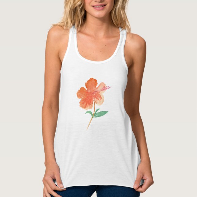 Watercolor Hibiscus Botanical Floral Orange Singlet (Front)
