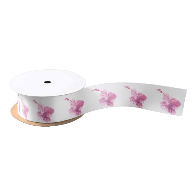 Watercolor Hibiscus Floral Pink Tropical Greenery Satin Ribbon (Spool)