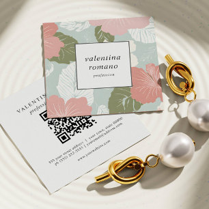 Watercolor Hibiscus Flower pink white sage QR  Square Business Card