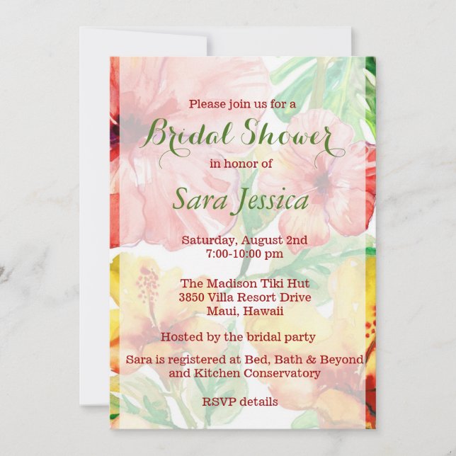 Watercolor Hibiscus Flowers Bridal Shower Invitation (Front)