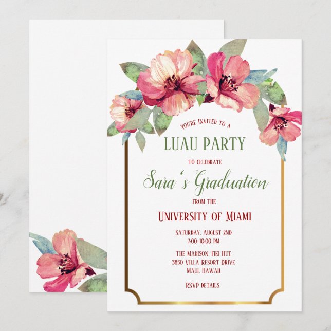 Watercolor Hibiscus Gold Luau Party Graduation Invitation (Front/Back)
