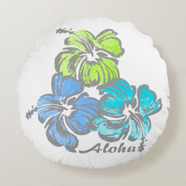 Watercolor Hibiscus Hawaiian Floral Reversible Round Cushion (Front)