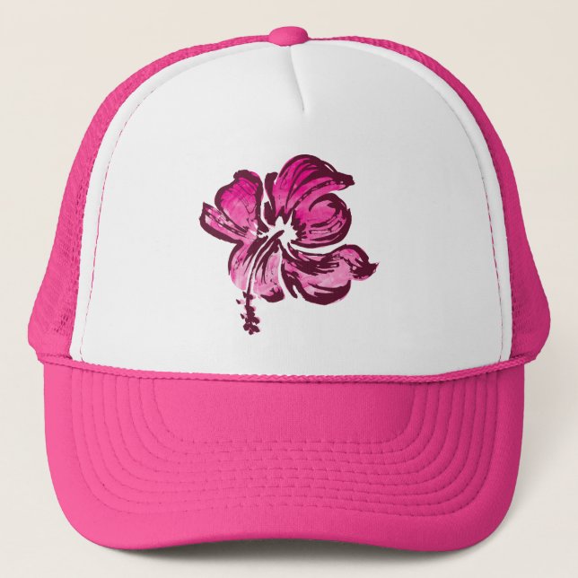 Watercolor Hibiscus Hawaiian Floral Trucker Hat (Front)