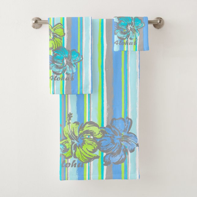 Watercolor Hibiscus Hawaiian Stripe -Turquoise Bath Towel Set (Insitu)