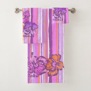 Watercolor Hibiscus Hawaiian Stripe -Violet Bath Towel Set