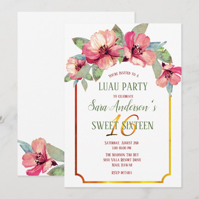 Watercolor Hibiscus Luau Party Sweet 16 B'day Invitation (Front/Back)