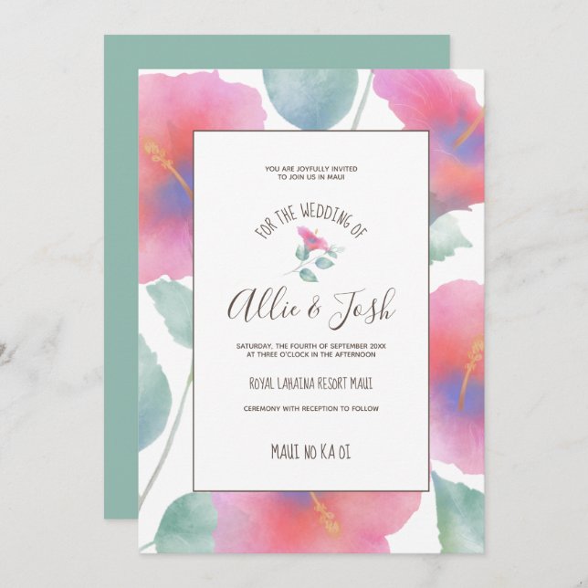 Watercolor Hibiscus Maui Wedding Invitation (Front/Back)