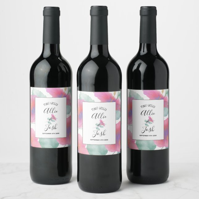 Watercolor Hibiscus Maui Wedding Wine Label (Bottles)