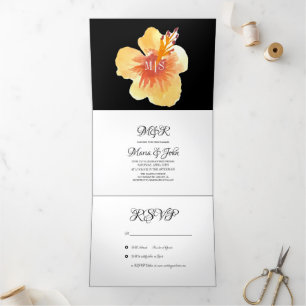 Watercolor Hibiscus Summer Tropical Yellow Orange Tri-Fold Invitation
