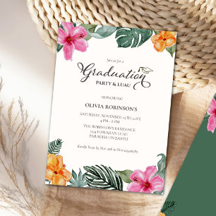 Watercolor Hibiscus Tropical Graduation Photo Invitation