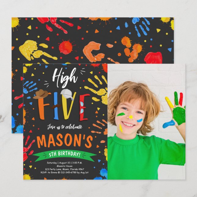 Watercolor High Five Birthday Photo Invitation (Front/Back)