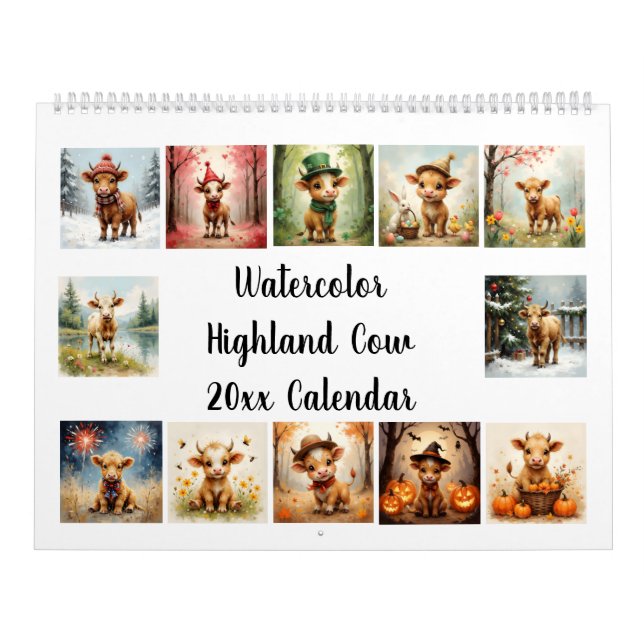 Watercolor Highland Cow 20xx Calendar (Cover)