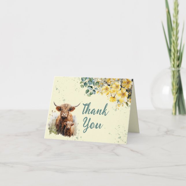 Watercolor Highland Cow Baby Shower Thank You Card (Front)