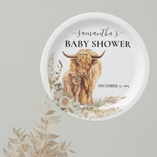 Watercolor Highland Cow Calf Baby Boho Pampas  Paper Plate